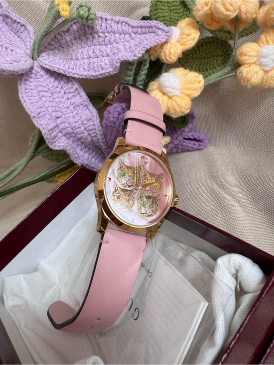 Gucci Accessories - Gucci Pink Leather Watch with Gold-Tone Cat Motif Dial